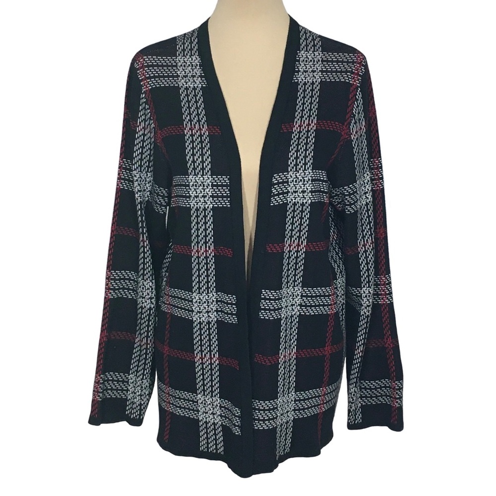 Croft & Barrow Black Red & White Plaid Open Front Cardigan, Petite XL